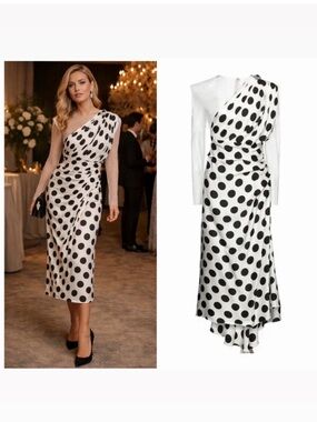 Dolce & Gabbana White Midi Dress Silk Polka Dot One Shoulder 6 Cocktail Party 🟡